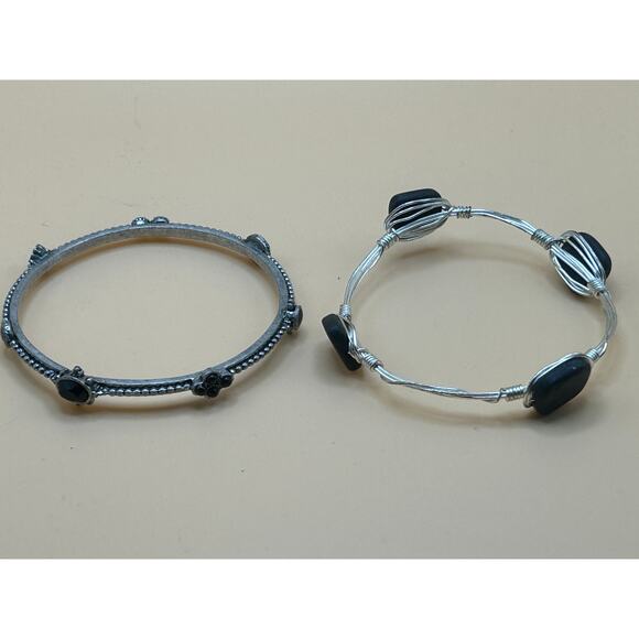 Silver & Black Bracelet Bundle – Stone-Wrapped Wire and Gem Accent Bangle - Picture 2 of 6